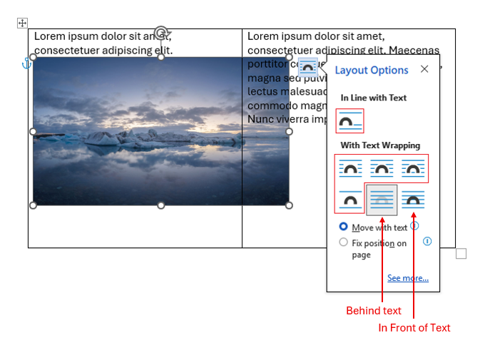 Image behind text in table in Word